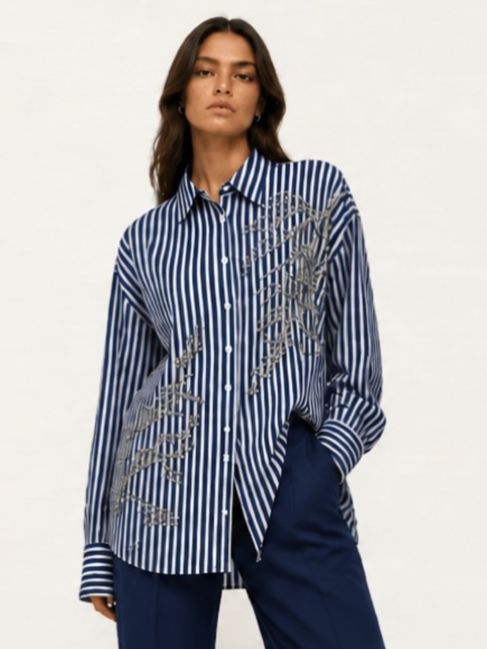 MAEVE Anthropologie “Bennet” Buttondown Shirt Beaded Rhinestone Tunic Striped M